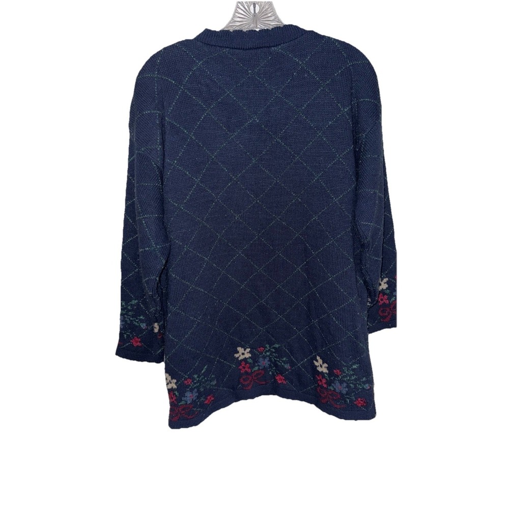 Basic Editions Navy Green Floral Knit Sweater Scalloped Crewneck Medum - Picture 7 of 7